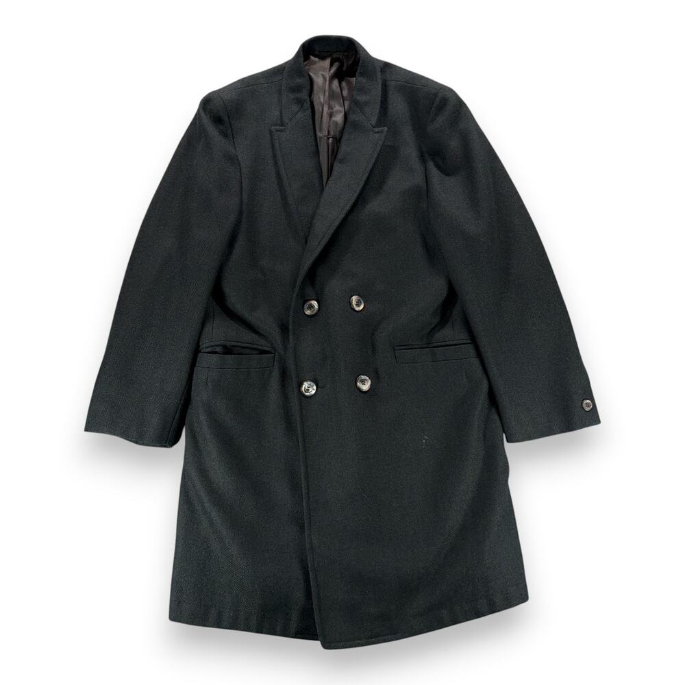 Vintage Tempo Coat Adult SMALL Black Wool Herringbone Overcoat Satin USA 70s